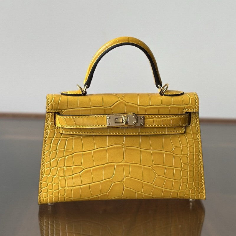 Genuine Leather High-Gloss Crocodile-Embossed Kelly-Style Bag for Women, New 2nd Gen Mini Top Handle Shoulder Purse, Premium Handbag for Ladies