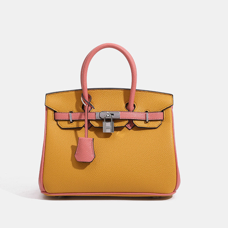 Genuine Pebbled Leather Birkin-Style Top Handle Bag for Women, New Arrival Large Capacity Color Block Purse, Premium Chic Handbag for Ladies