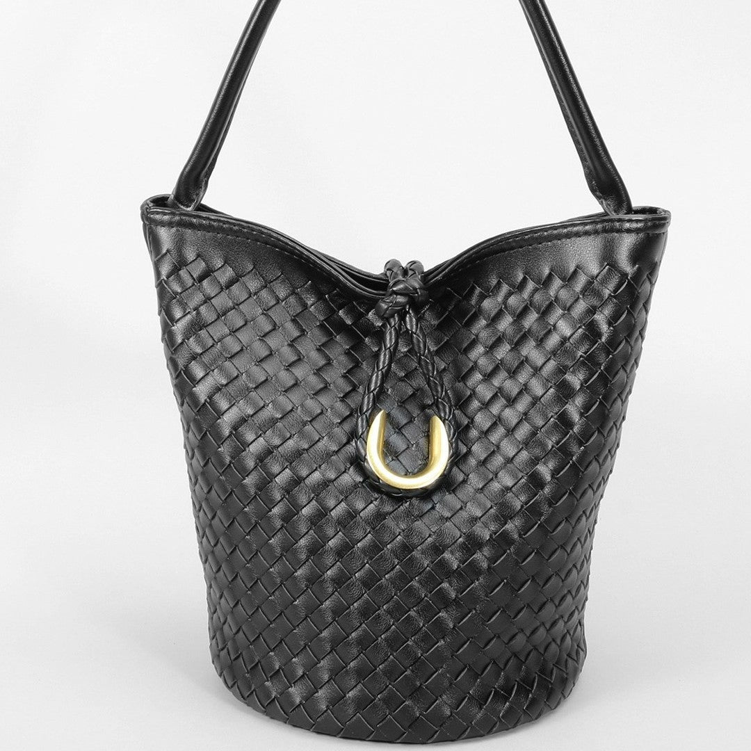 Genuine Leather Woven Bucket Bag for Women, Spring Summer Versatile Crossbody Commute Top Handle Purse, Premium Handbag for Ladies