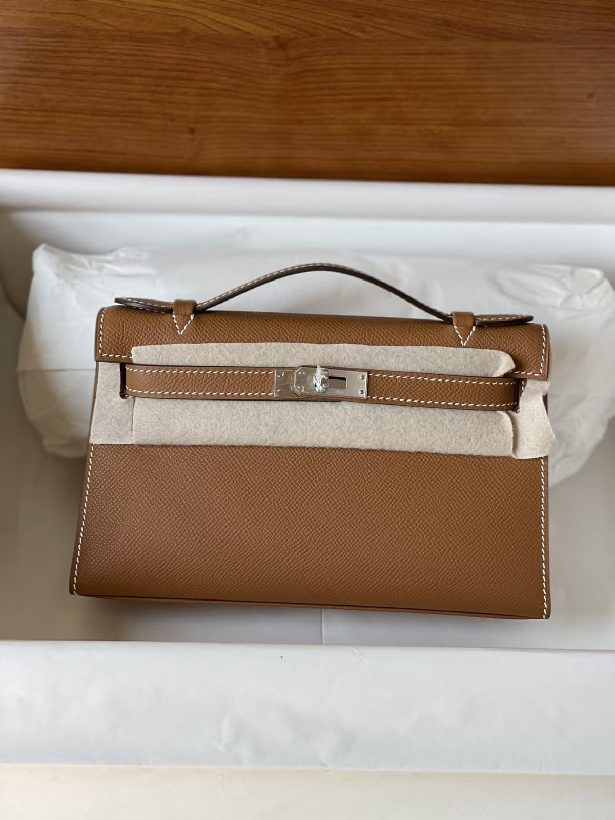 Genuine Top Layer Epsom Palm Texture Cowhide Kelly-Style 22cm Bag for Women, Trendy Street Style Small Square Top Handle Purse, Fashionable Handbag for Ladies