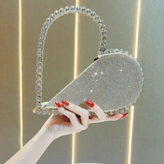 Dazzling Rhinestone Heart-Shaped Clutch for Women, A Korean-Style Top-Handle Evening Bag with Removable Crossbody Shoulder Strap, Perfect for Banquets Weddings & Parties