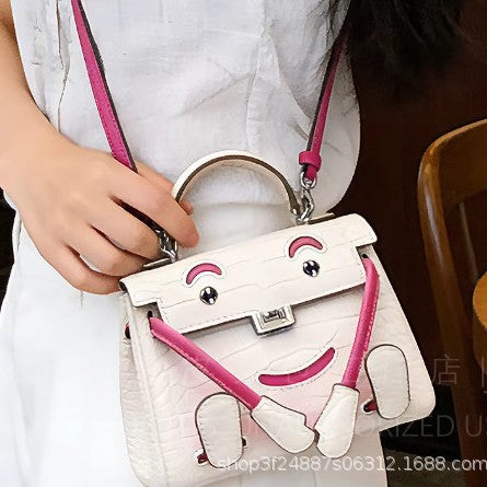 New Arrival Cute Smiley Face Kelly-Inspired Bag for Women, A Trendy Textured Top-Handle Shoulder Crossbody Handbag with Croc-Effect Finish & Versatile Style