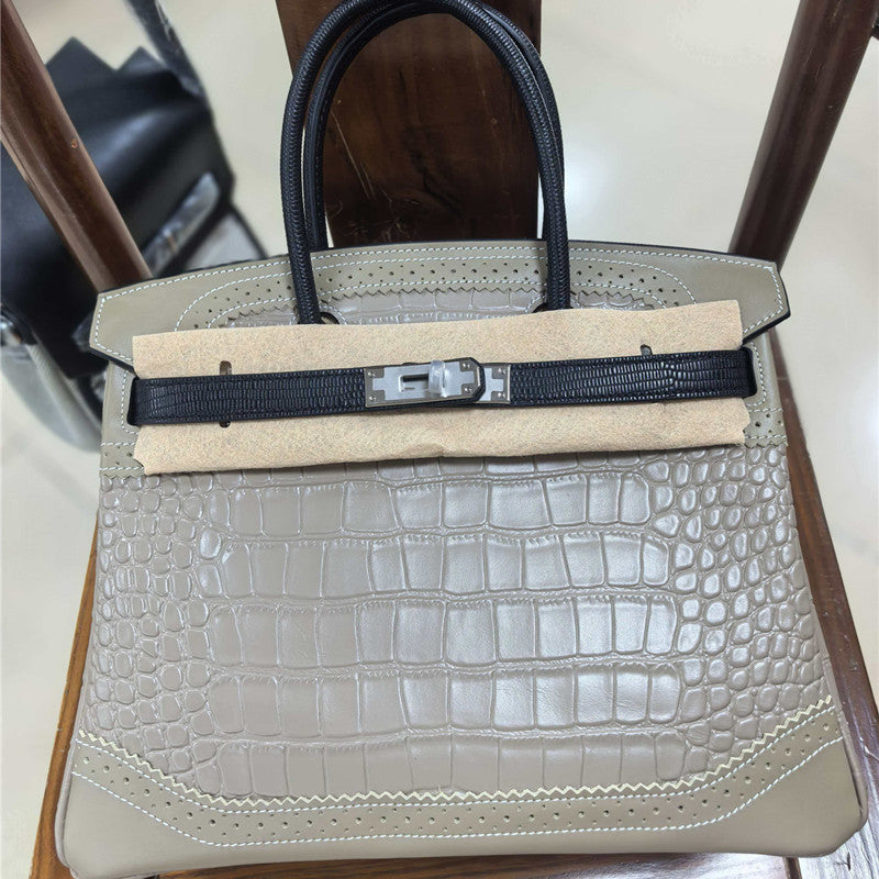 Premium Croc-Effect & Ostrich-Effect Birkin-Inspired Tote Bag for Women, Genuine Leather Large Capacity Business Handbag with Versatile Shoulder Crossbody Carry