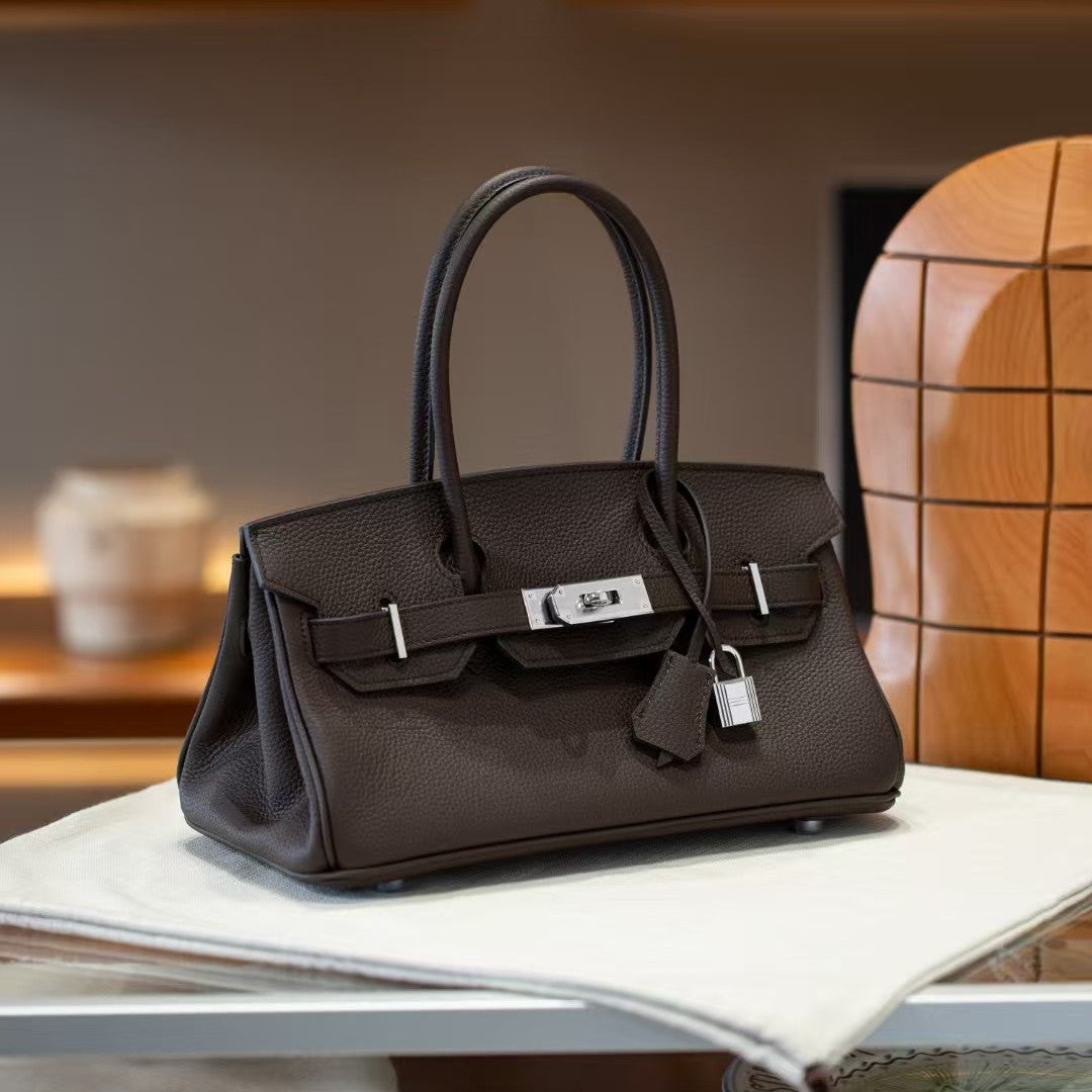Genuine Togo Leather Birkin-Style Bag for Women, New Vintage Horizontal Top Handle Handbag, Premium Retro Purse for Ladies