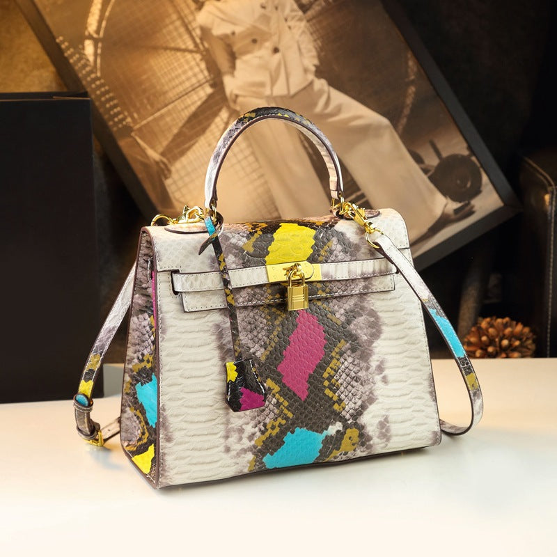 Genuine Leather Kelly Bag 2nd Generation Birkin Style Large Tote Shoulder Crossbody Handbag with Snakeskin Embossed Pattern
