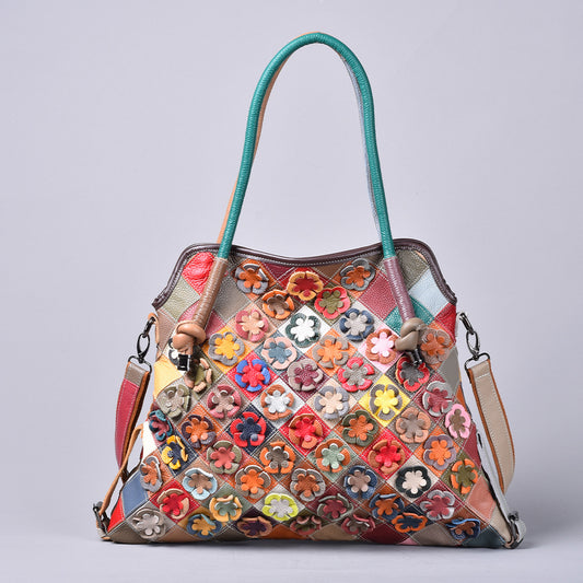 Vintage Handmade Patchwork Floral Tote in Top Layer Cowhide, Large Capacity Shoulder Purse, Elegant Bag for Women