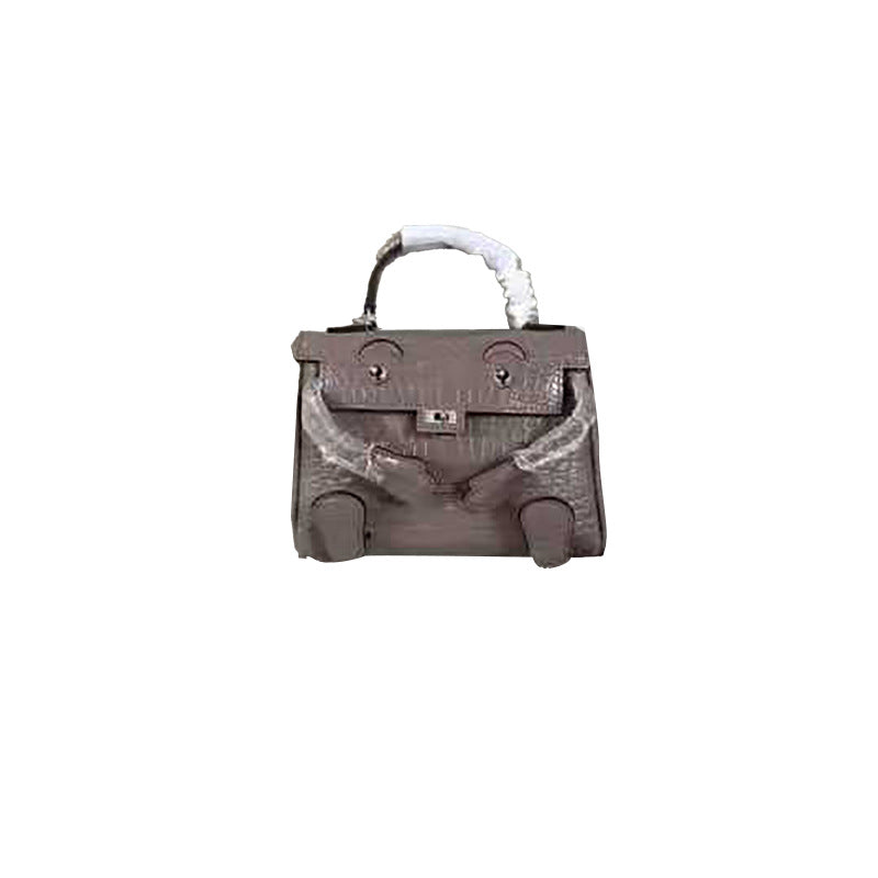 Genuine Leather Crocodile-Embossed Doll Kelly-Style Bag for Women, Hand-Stitched Waxed Thread Niche Fashion Top Handle Shoulder Crossbody Purse, Trendy Handbag for Ladies