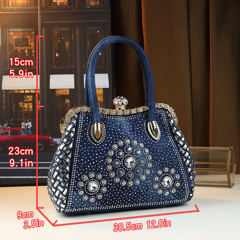 New Arrival Denim Rhinestone-Embellished Commuter Bag for Women, A Large Capacity Shoulder Crossbody Clutch with Trendy Fashionable Design