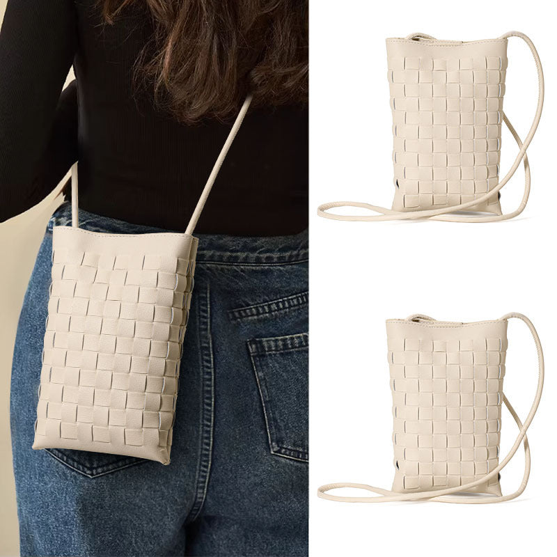 Genuine Leather Woven Vertical Phone Crossbody Bag for Women, New Niche Designer Mini Purse, Versatile Small Shoulder Bag for Ladies