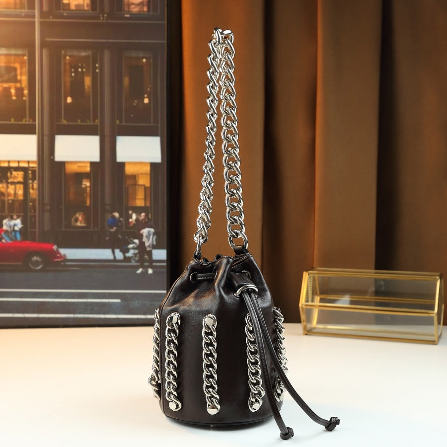 Top Layer Cowhide Drawstring Bucket Bag for Women Chain Shoulder Crossbody Handbag, Trendy Versatile Purse with Small Cylinder Silhouette