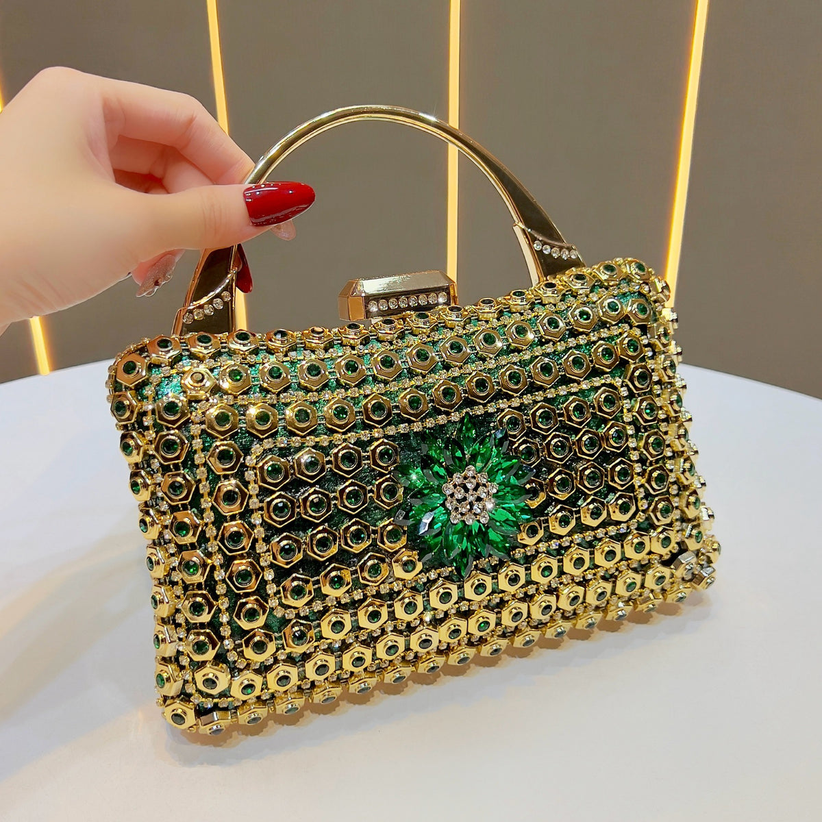 Women's Rhinestone-Embellished Evening Clutch, Premium Glamorous Top-Handle Handbag with Chain Strap, Perfect Banquet Purse