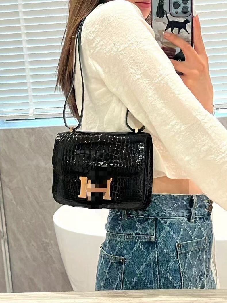 Genuine Leather Crocodile-Embossed Constance-Style Bag for Women, New Flight Attendant Small Square Crossbody Shoulder Purse, Versatile Fashionable Trendy Handbag for Ladies