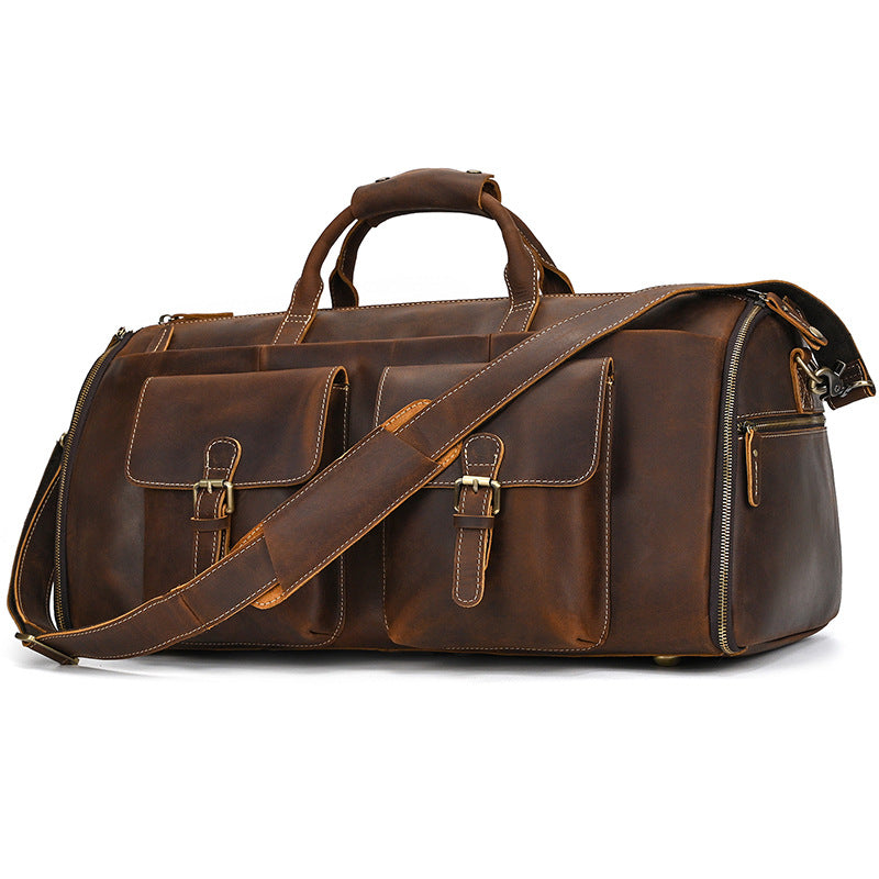 Multifunctional Crazy Horse Leather Travel Duffle, Foldable Suit Garment Bag with Wet-Dry Separation, Premium Gym Weekender for Men