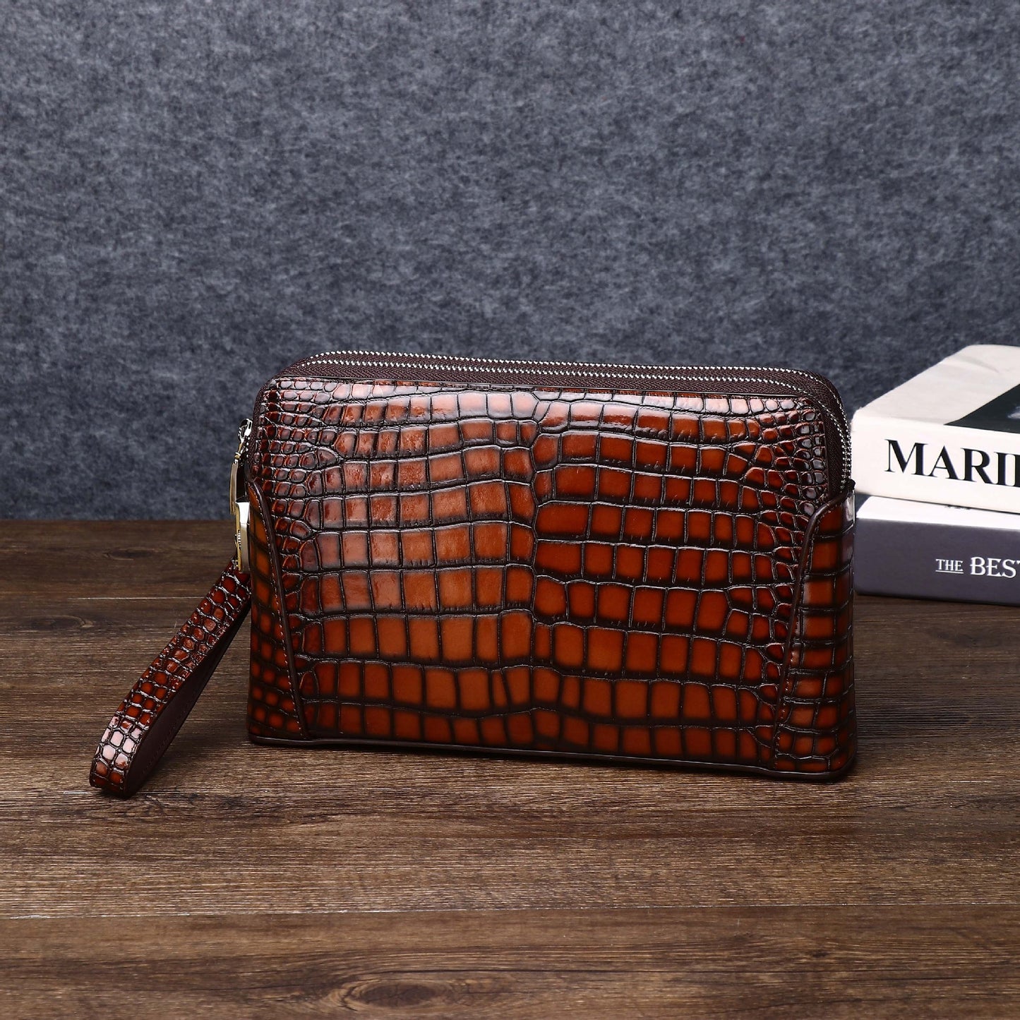 New Arrival Distressed Croc-Effect Clutch Bag for Men, A Large Capacity Casual Document Wallet with Double-Zip & Combination Lock