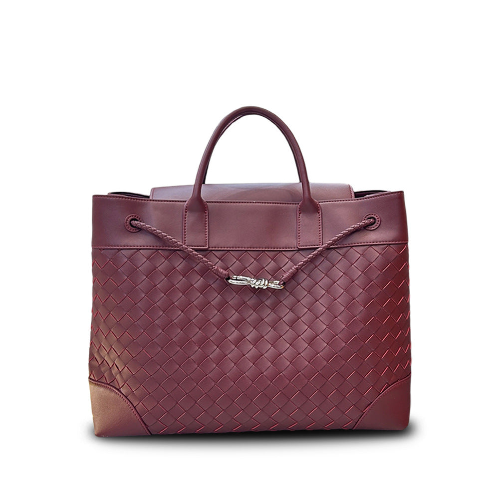 Cowhide Woven Large Tote with Silver Butterfly Buckle, Unisex Shoulder & Crossbody Bag