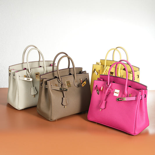 Premium Top-Layer Cowhide Leather Birkin-Inspired Tote Bag for Women, Waxed Thread Stitching with Pebbled Texture, Spacious Commuter Top-Handle Handbag for Work & Everyday Use