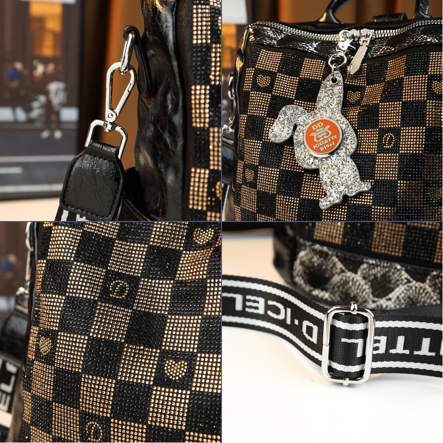 Checkerboard Rhinestone Backpack for Women Large Capacity Travel Daypack, Sparkly Checkered Purse with Trendy Going-Out Style