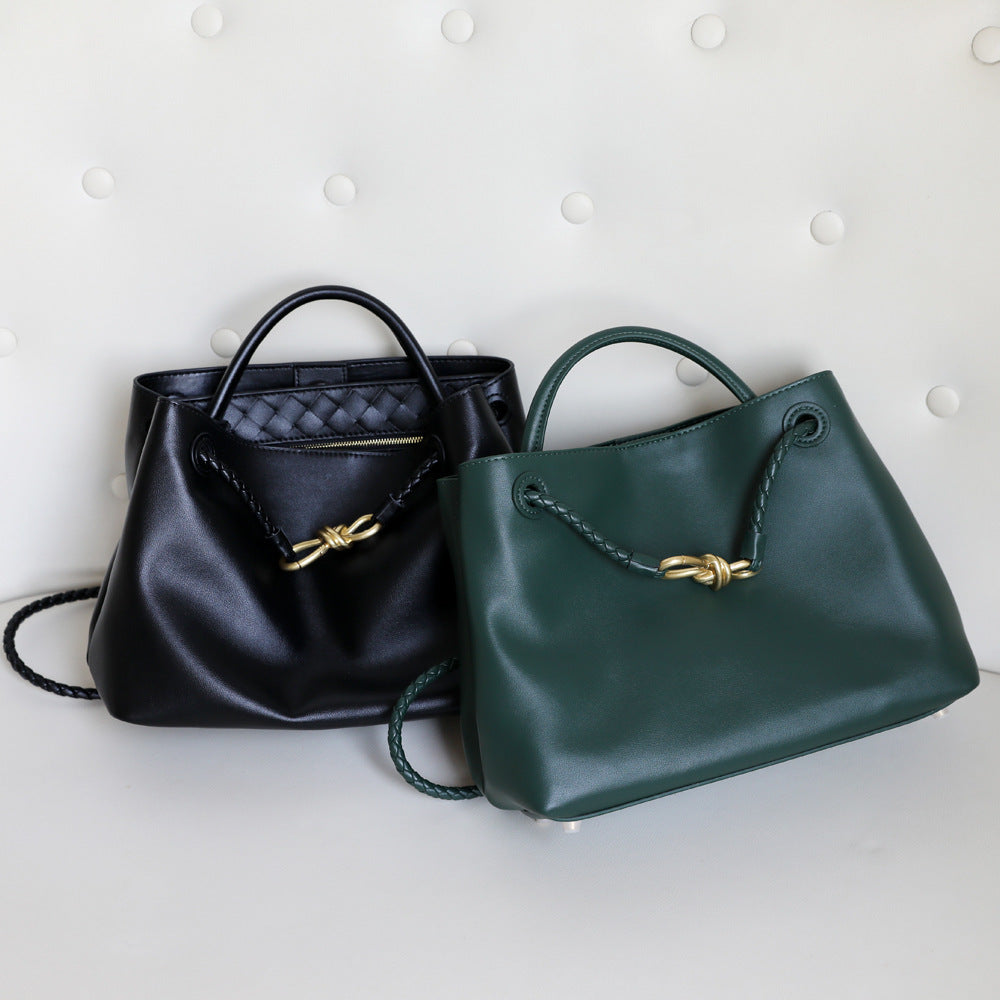 Metal Bow Tote Bag for Women Genuine Cowhide Leather Large Capacity Shoulder Handbag, Elegant Hardware Accent with Versatile Style