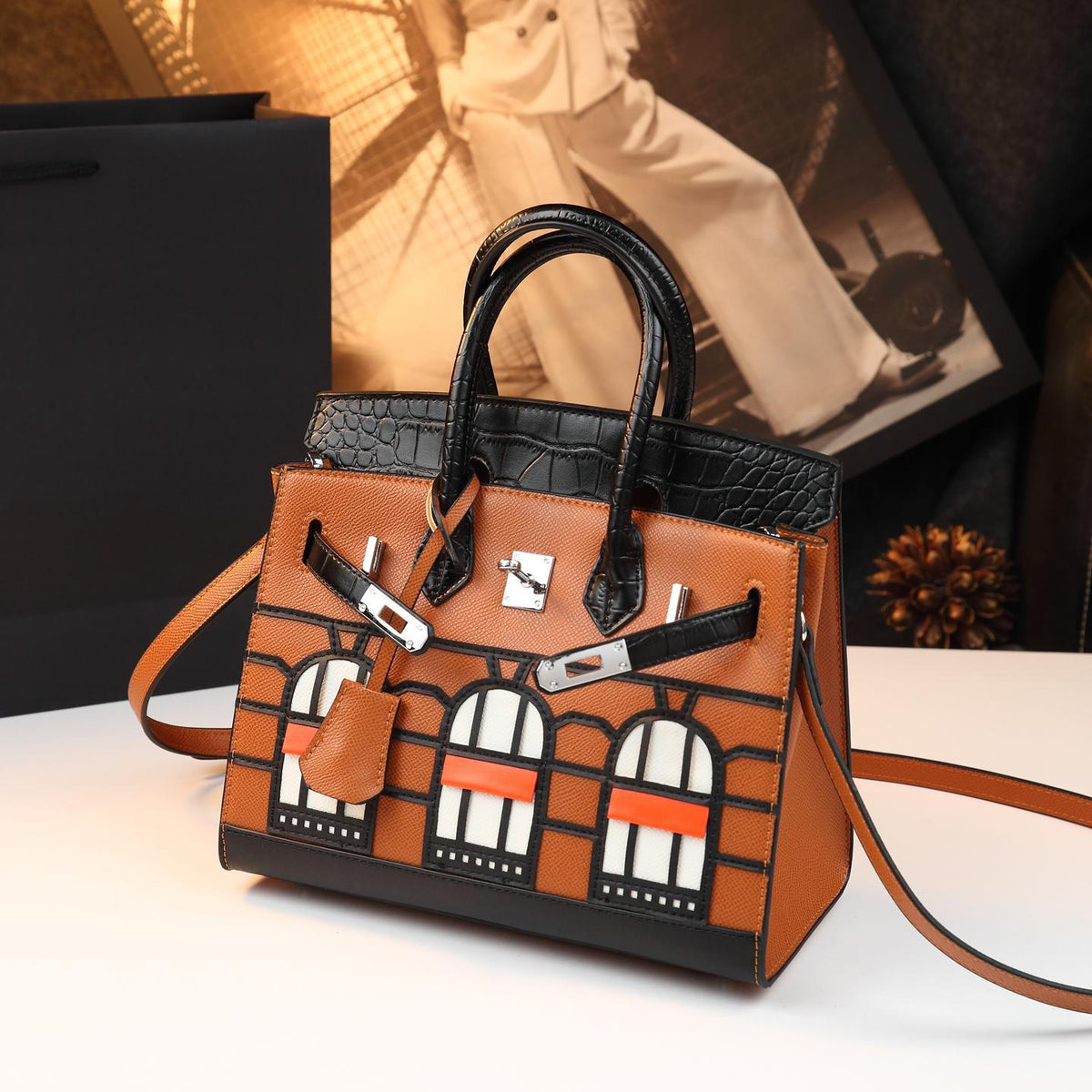 Chic Croc-Embossed Birkin-Inspired Tote Bag for Women, Premium Genuine Leather Top-Handle Shoulder Crossbody Handbag with Sophisticated Elegant Design, Trendy Everyday Purse