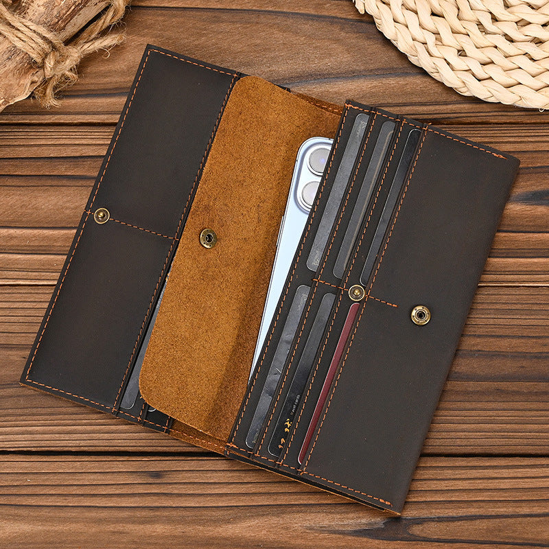 Crazy Horse Leather Multi-Card Long Wallet, Bestseller Phone Clutch with Coin Pocket, Top Layer Cowhide Money Holder for Men