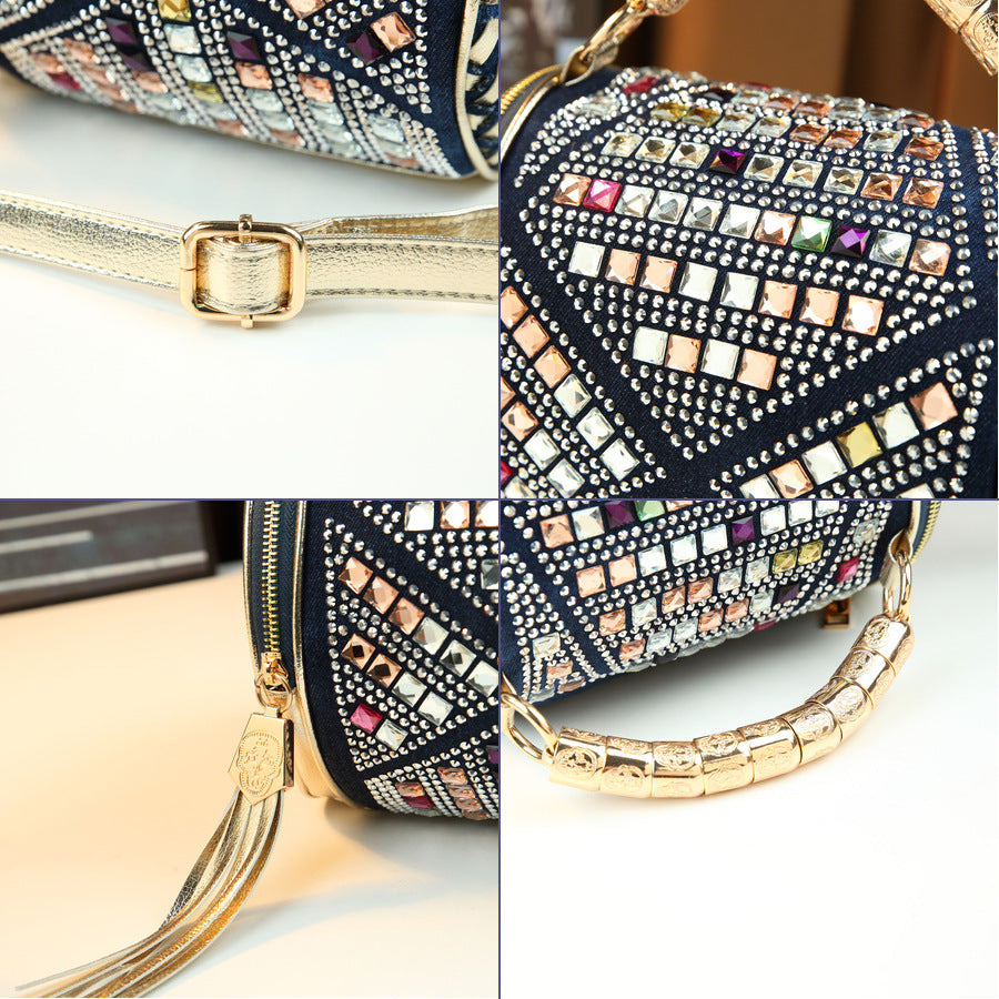 New Spring/Summer Colorful Rhinestone Cylinder Bag for Women, A Spring/Summer American Style Woven Shoulder Crossbody Handbag with Sparkly Design