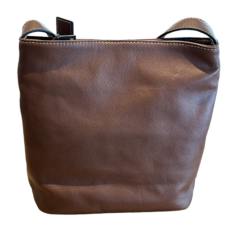 Genuine Soft Cowhide Bucket Bag for Women, New Japanese Casual Vintage Shoulder Crossbody Purse, Versatile Everyday Handbag for Ladies