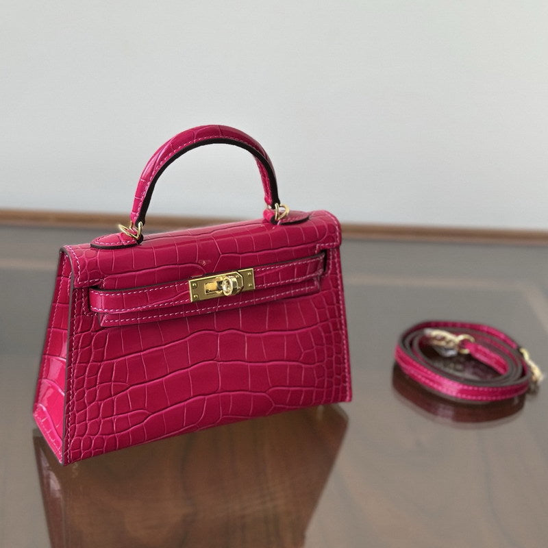 Genuine Leather High-Gloss Crocodile-Embossed Kelly-Style Bag for Women, New 2nd Gen Mini Top Handle Shoulder Purse, Premium Handbag for Ladies