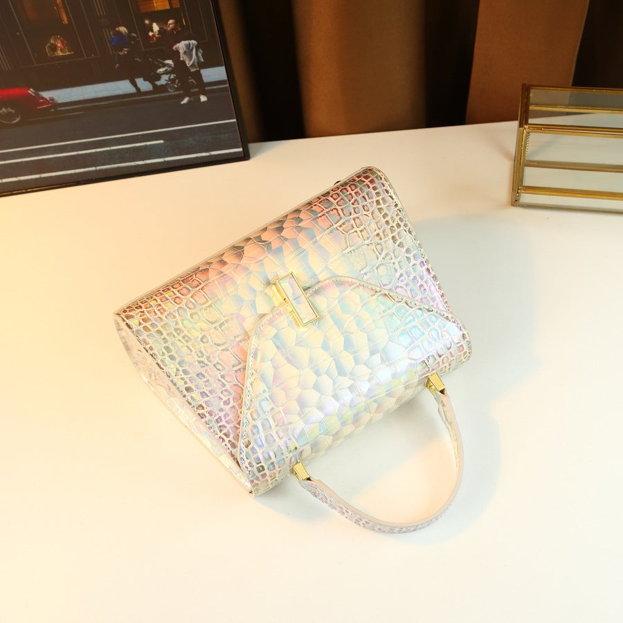 Chic Iridescent Croc-Effect Small Square Bag for Women, A Light Luxury Top-Handle Crossbody Shoulder Handbag with Shimmering Finish, Perfect for Summer Style