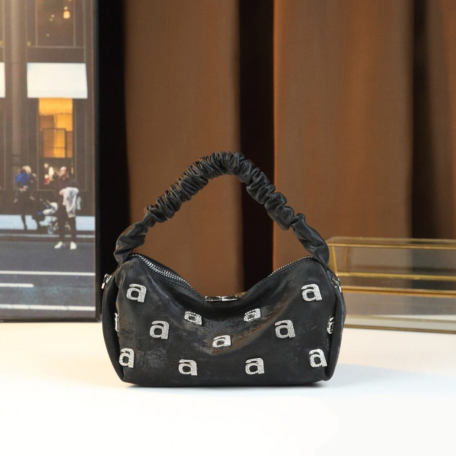 New Arrival Rhinestone Letter Pleated Bag for Women, A Casual Versatile Shoulder Underarm Handbag with Trendy Design, Perfect for Evening & Daily Use
