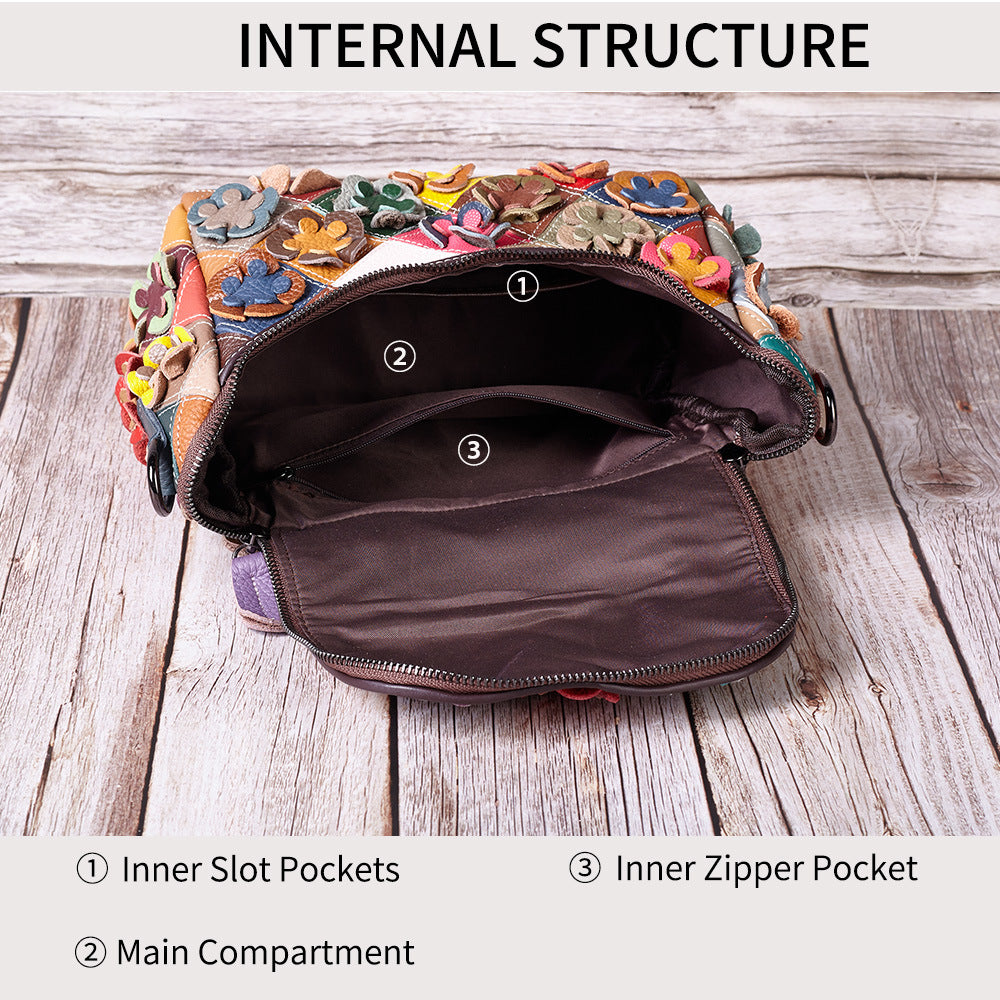 Genuine Top Layer Cowhide Handmade Floral Color Block Patchwork Handbag for Women, New Arrival Top Handle Shoulder Purse, Casual Travel Small Bag for Ladies
