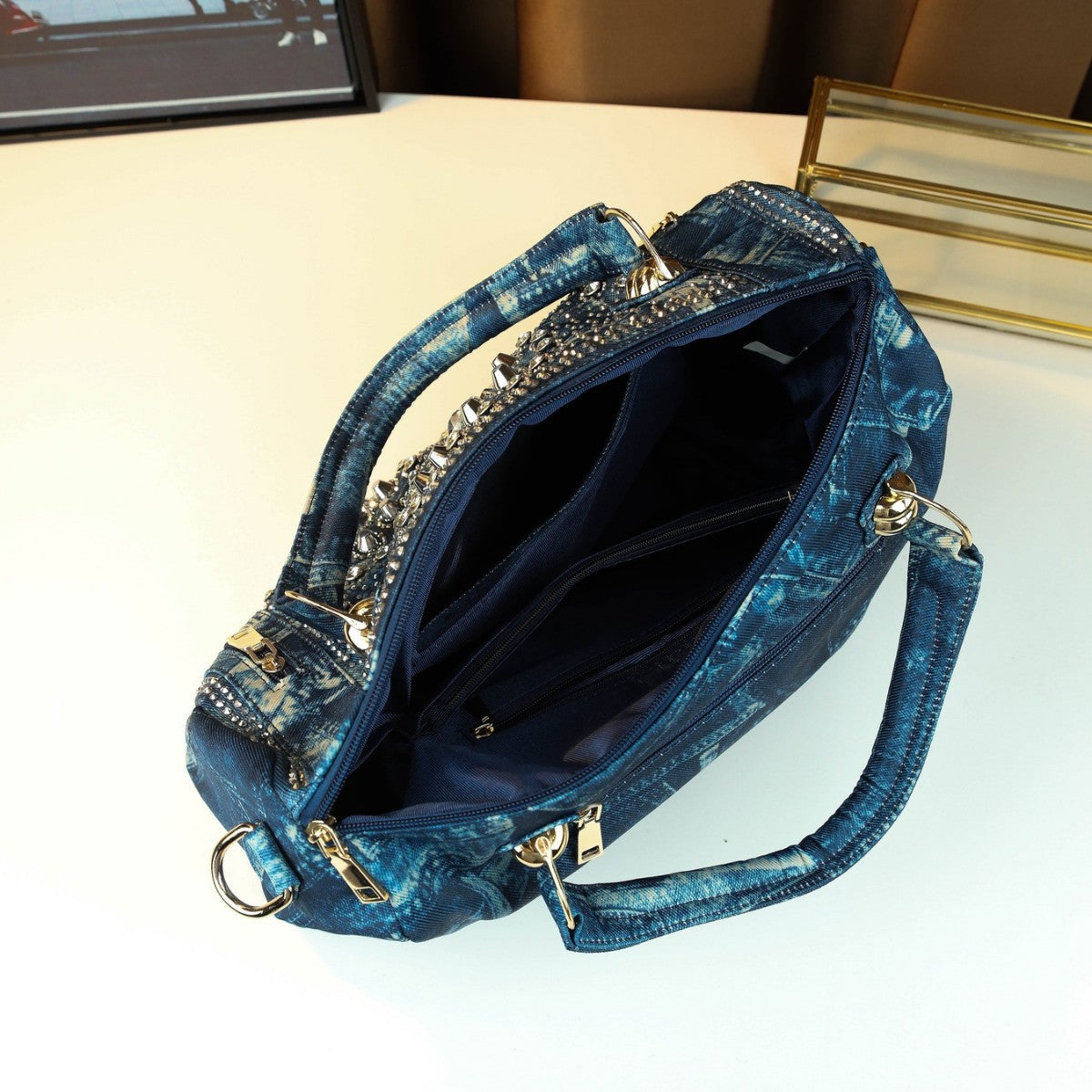 Stud Rhinestone Denim Tote Bag for Women Shoulder Crossbody Handbag, Trendy Casual Purse with Sparkly Hardware Accents