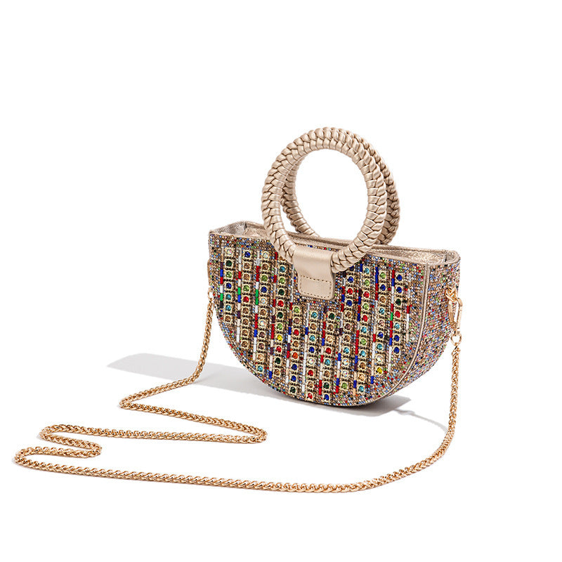 New Semi-Circle Rhinestone Top-Handle Bag for Women, Sparkly Crystal Shoulder Purse, Light Luxury Evening Handbag for Parties & Banquets