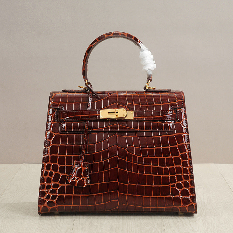 Genuine Leather Crocodile-Embossed Kelly-Style Handbag for Women, New Spring Summer Top Handle Crossbody Purse, Premium Elegant Shoulder Bag for Ladies