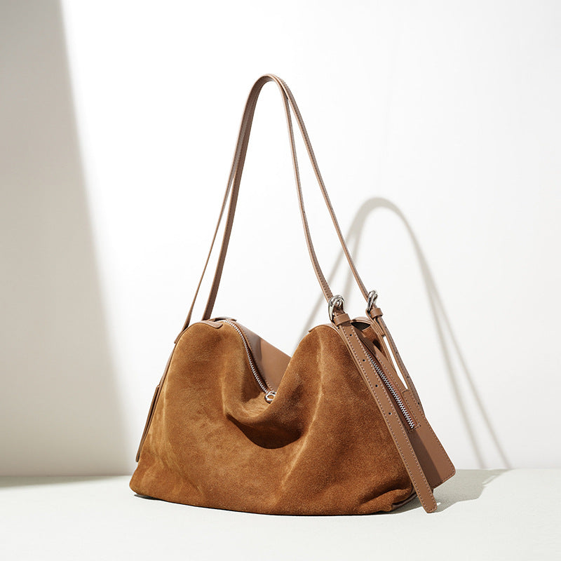 Genuine Matte Suede Leather Boston Tote Bag for Women, New Vintage Large Capacity Shoulder Top Handle Purse, Fashionable Versatile Everyday Handbag for Ladies
