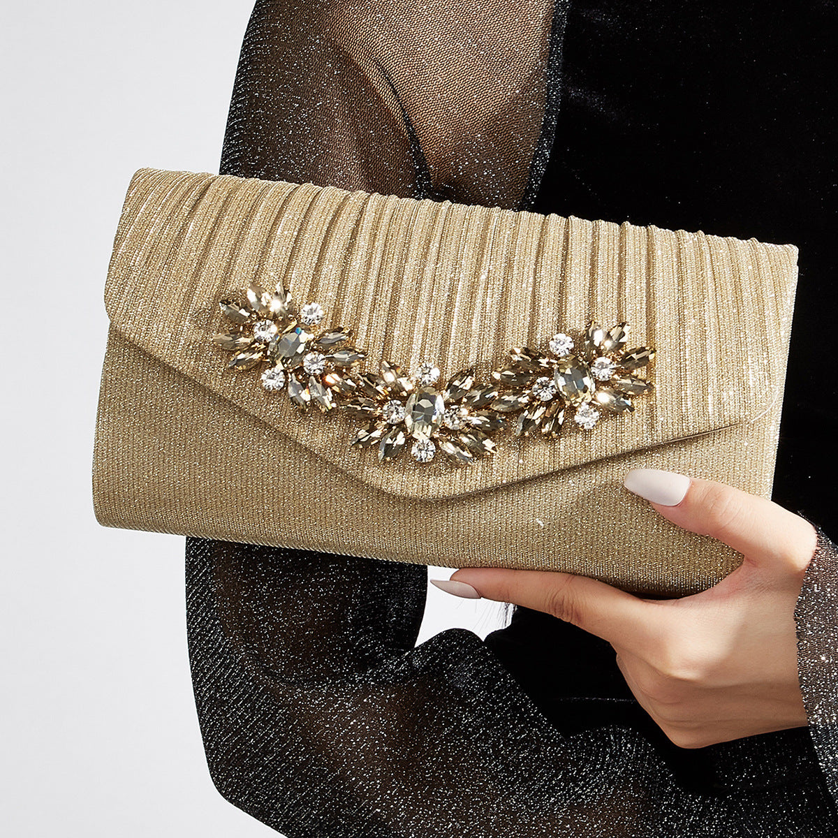 Rhinestone Embellished Chain Evening Clutch for Women, Champagne Versatile Shoulder Crossbody Purse, Chic Formal Party Handbag for Ladies