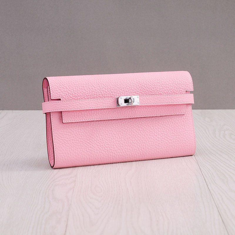 Genuine Top Layer Cowhide Long Wallet for Women, New Minimalist Pebbled Leather Clutch Purse, Fashionable Birkin-Kelly Style Handbag for Ladies