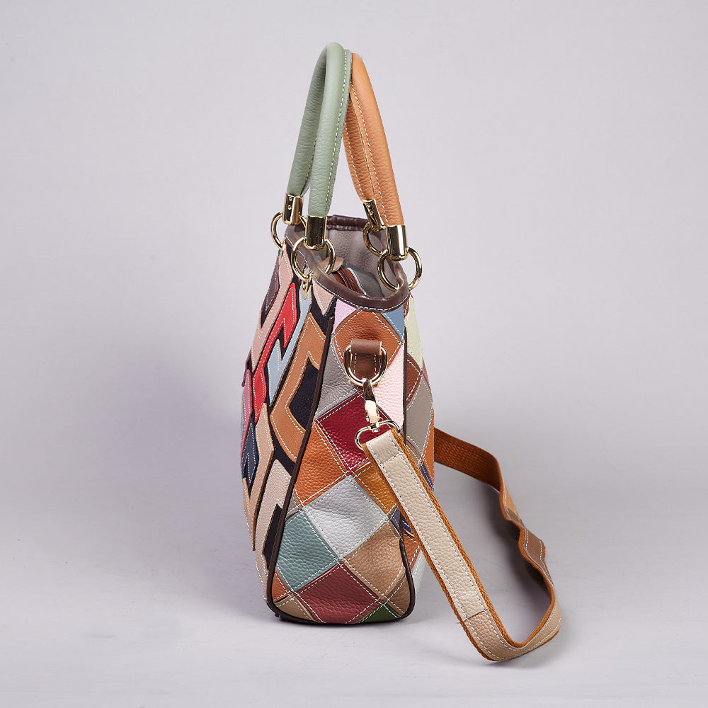 Colorful Patchwork Ethnic Style Genuine Leather Bag, Wholesale Trendy Shoulder Crossbody Top Handle Purse, Versatile Handbag for Women