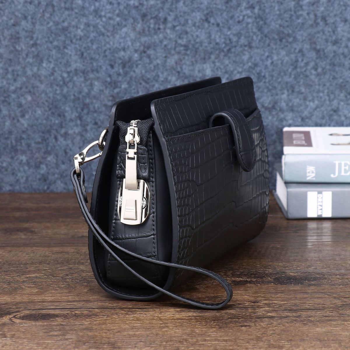 New Arrival Matte Black Croc-Effect Large Clutch for Men, A Business Document Organizer with Combination Lock & Multiple Card Slots, Multi-Functional Wallet