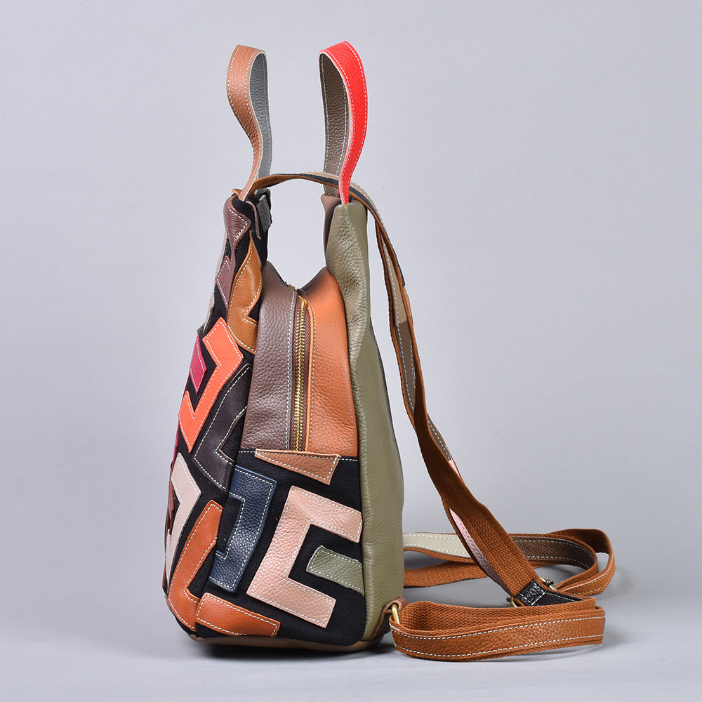 Genuine Top Layer Cowhide Geometric Patchwork Backpack for Women, Vintage Academic Casual Multifunctional Daypack, Versatile Leather Bag for Ladies