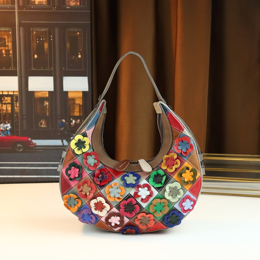 New Arrival Handmade Floral Genuine Leather Bag for Women, A Colorful Flower Patchwork Shoulder Crossbody Top-Handle Handbag with Unique Design