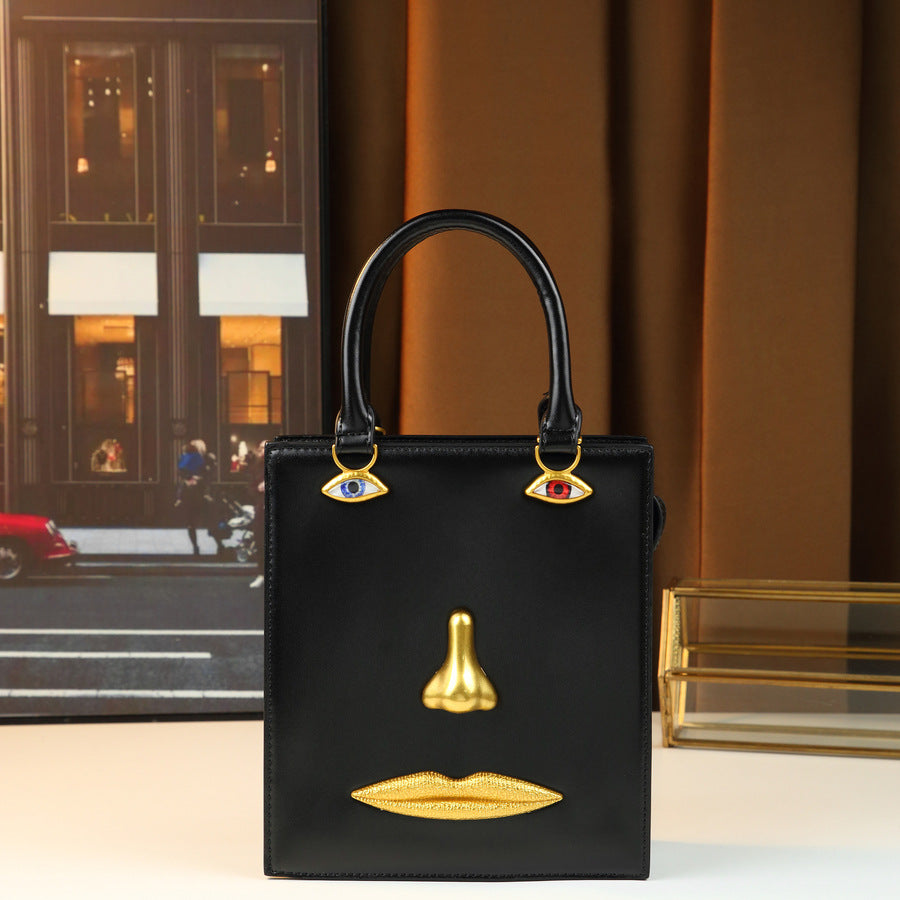 Artistic Face Sculpture Bag for Women 3D Metal Facial Features Top Handle Shoulder Crossbody Purse, Vintage Premium Handbag with Unique Sculptural Design