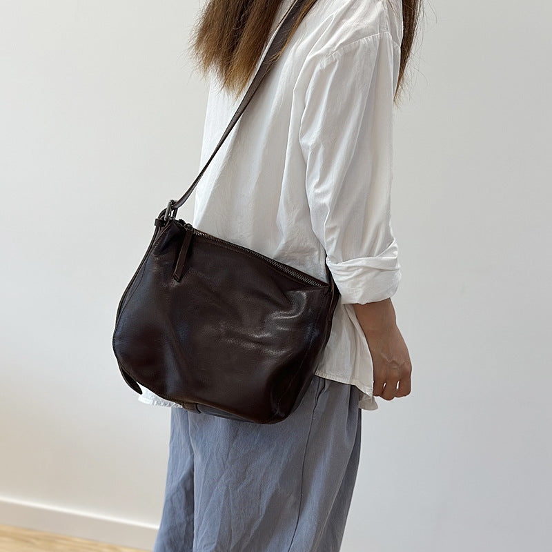 Genuine Vegetable-Tanned Cowhide Bucket Bag for Women, New Casual Shoulder Crossbody Purse, Premium Leather Handbag for Ladies