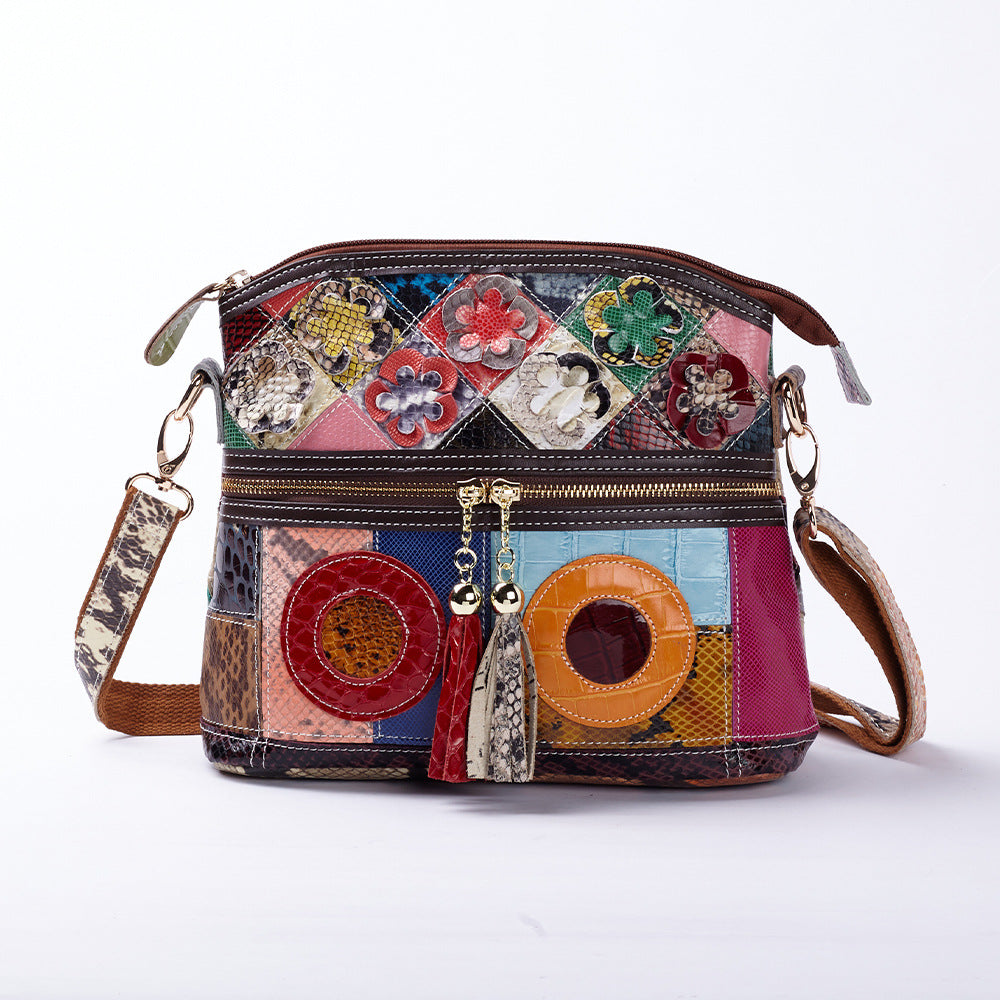 Snakeskin Colorful Tassel Floral Genuine Leather Bag, Unique Underarm Shoulder Crossbody Purse, Versatile Handbag for Women