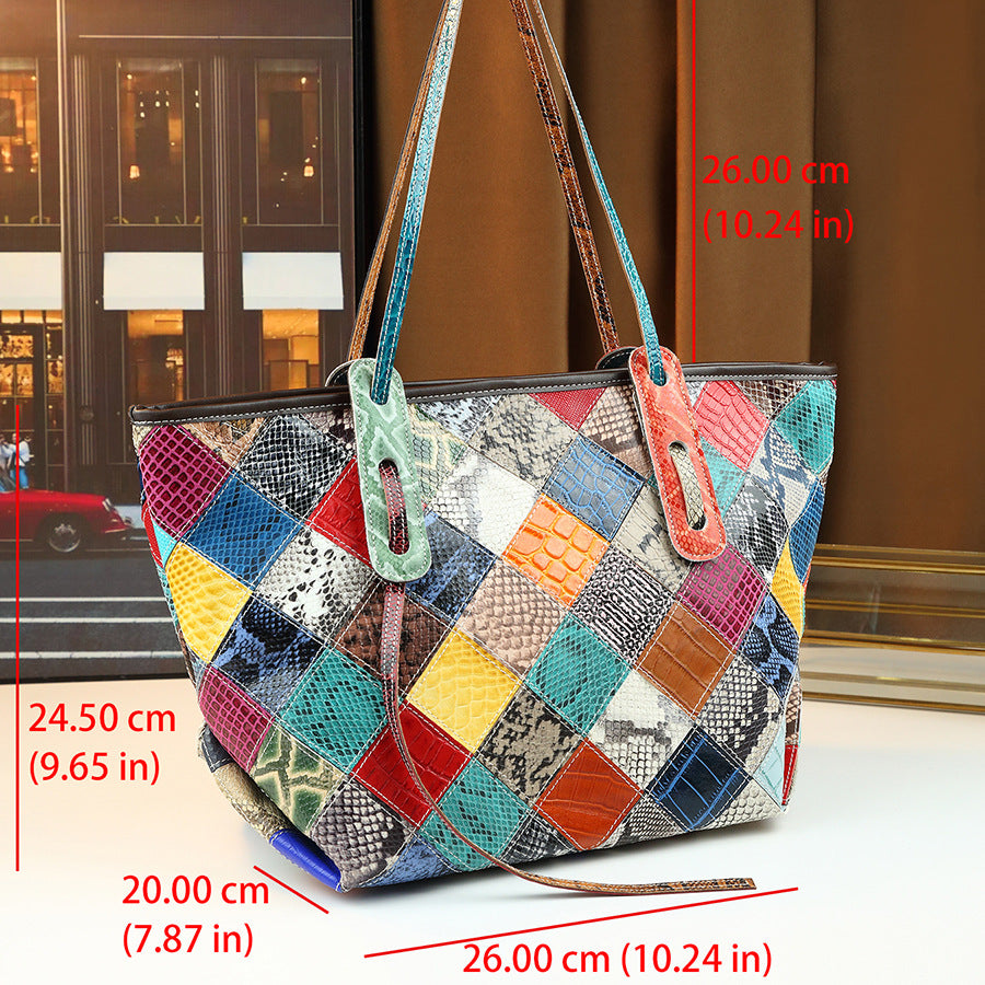 Genuine Leather Color-Block Bucket Tote for Women Large Capacity Patchwork Shoulder Handbag, Trendy Contrast Design with Premium Craftsmanship