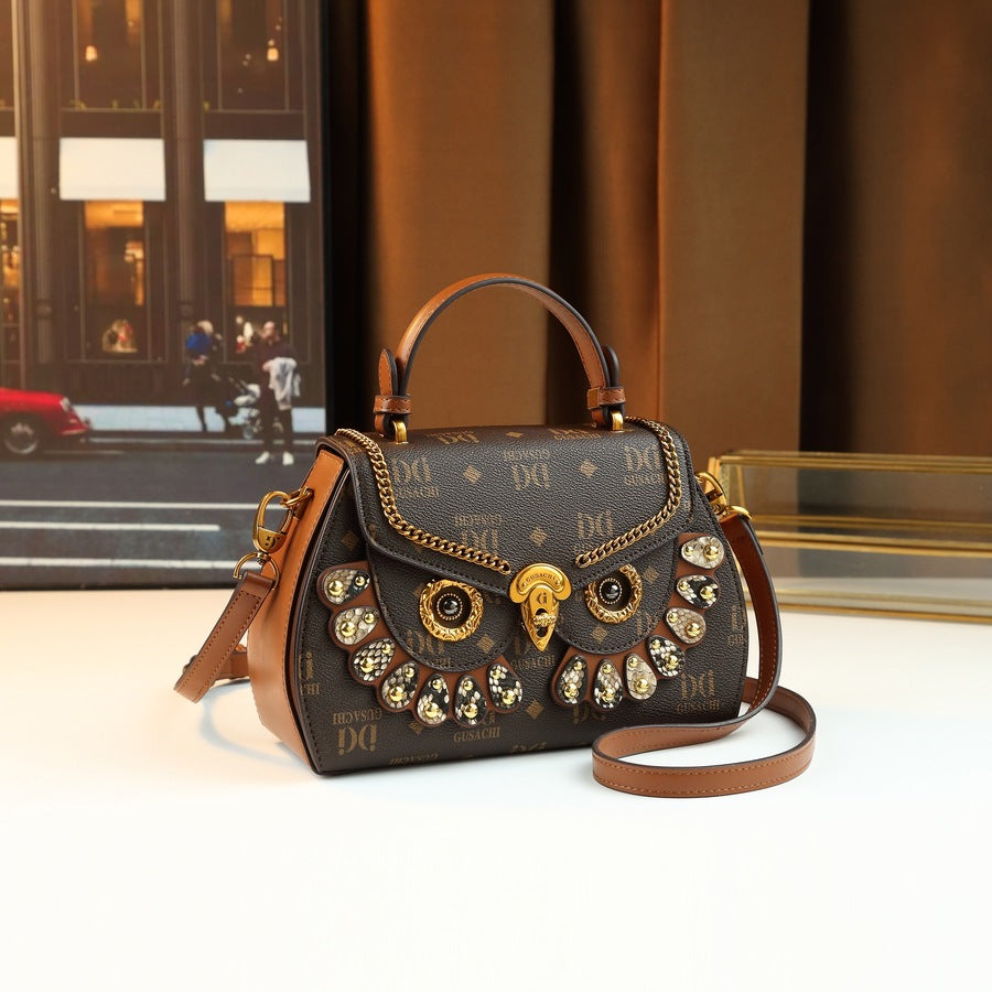 New Arrival Starry Owl Letter Print Bag for Women, A Light Luxury Vintage Top-Handle Shoulder Crossbody Handbag with High-Textured Design