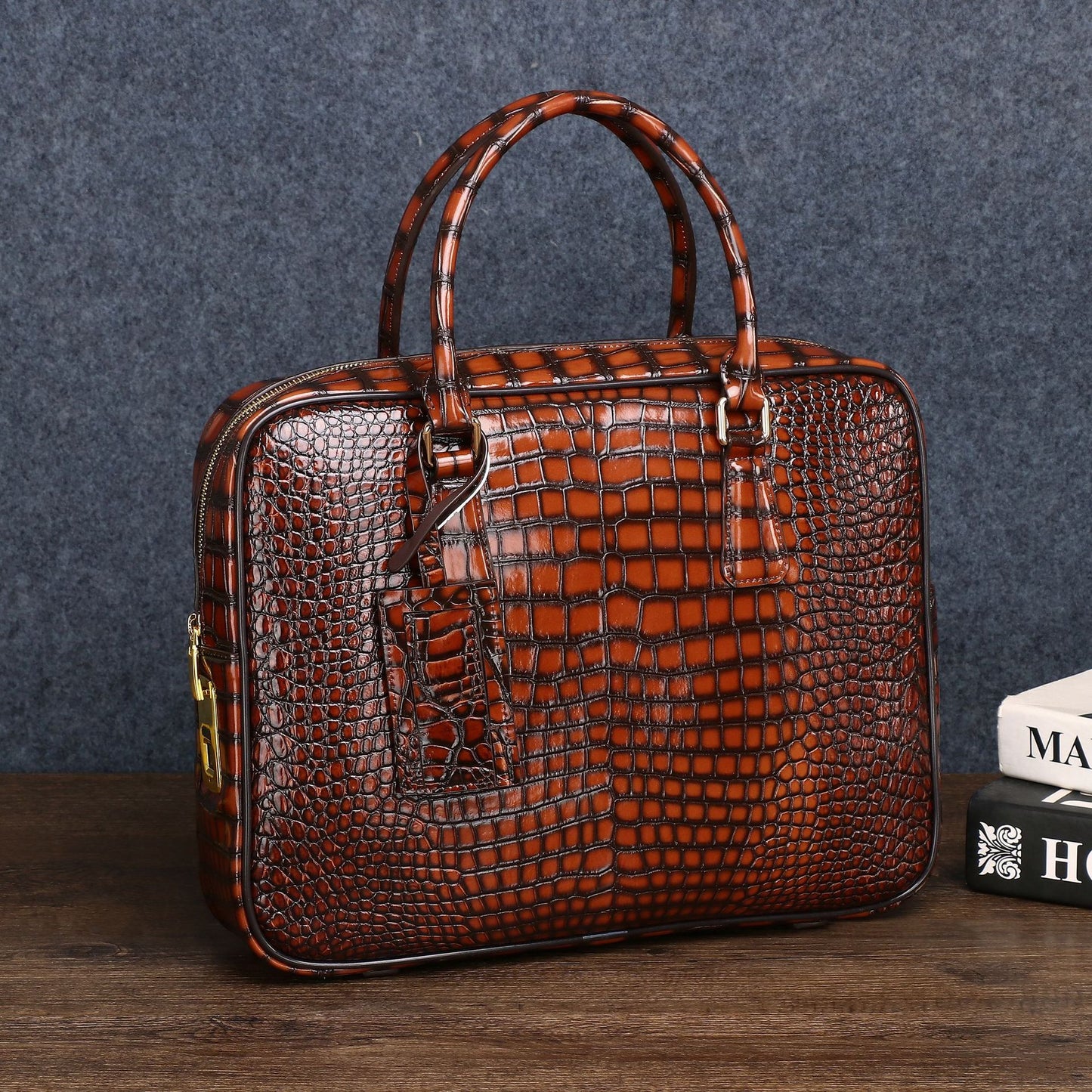 New Arrival Croc-Effect Large Briefcase with Smart Fingerprint Lock for Men, A Distressed Business Top-Handle Horizontal Bag with Trendy Design