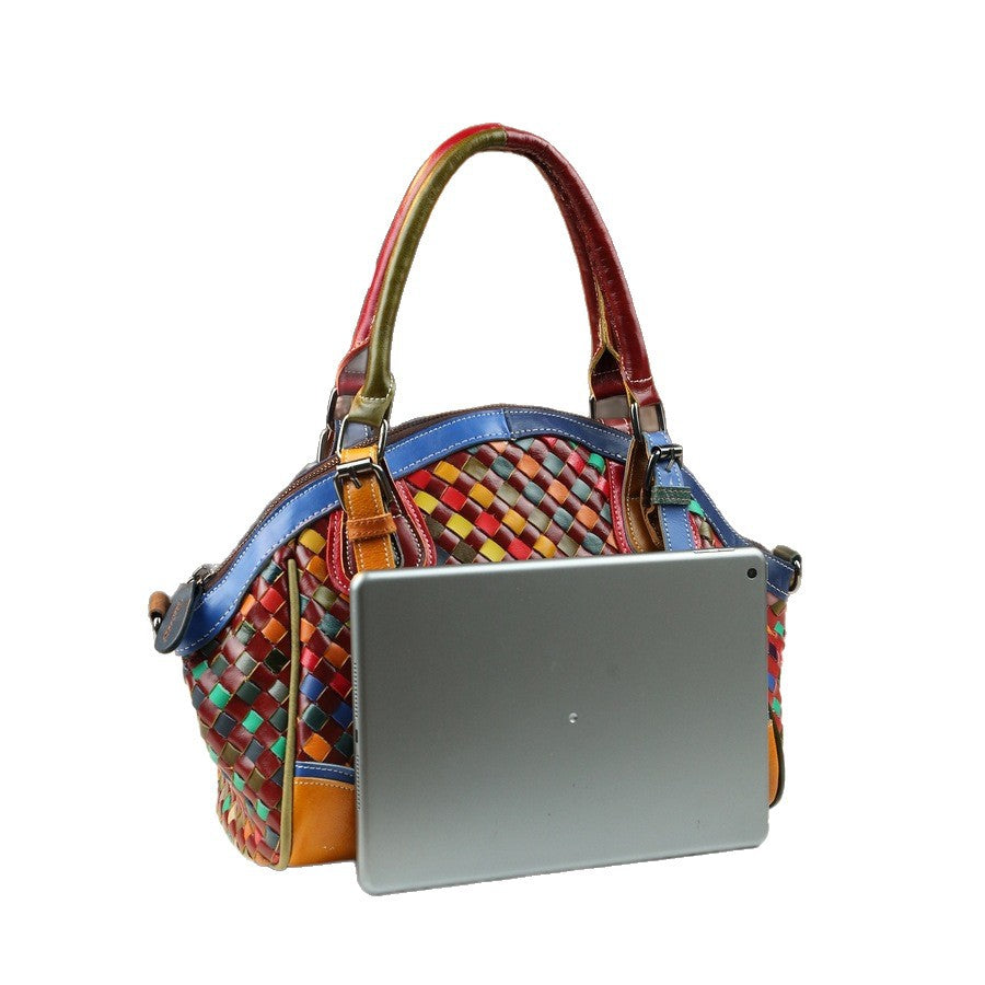 Woven Leather Shell Bag for Women Genuine Leather Large Capacity Top Handle Shoulder Crossbody Handbag, Versatile Everyday Purse with Artisan Weave Detail