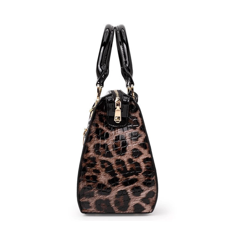 Leopard Print Structured Genuine Cowhide 3-in-1 Bag, Top Handle Shoulder Crossbody Handbag, Hard Shell Purse for Women