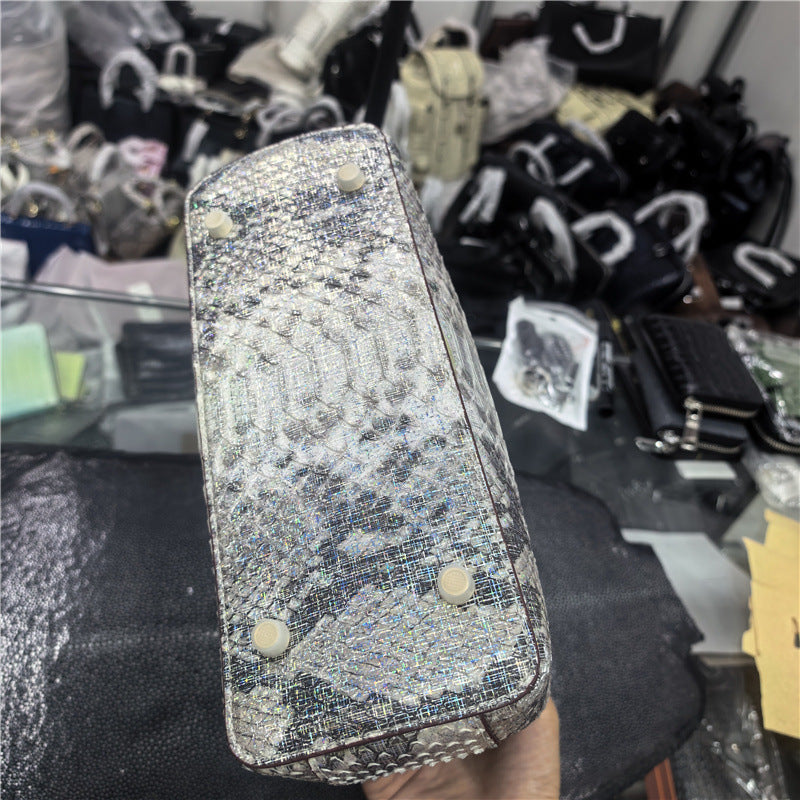 Genuine Leather Iridescent Snakeskin Tote Bag for Women Large Capacity Multi-Compartment Shoulder Crossbody Handbag with Luxury Finish