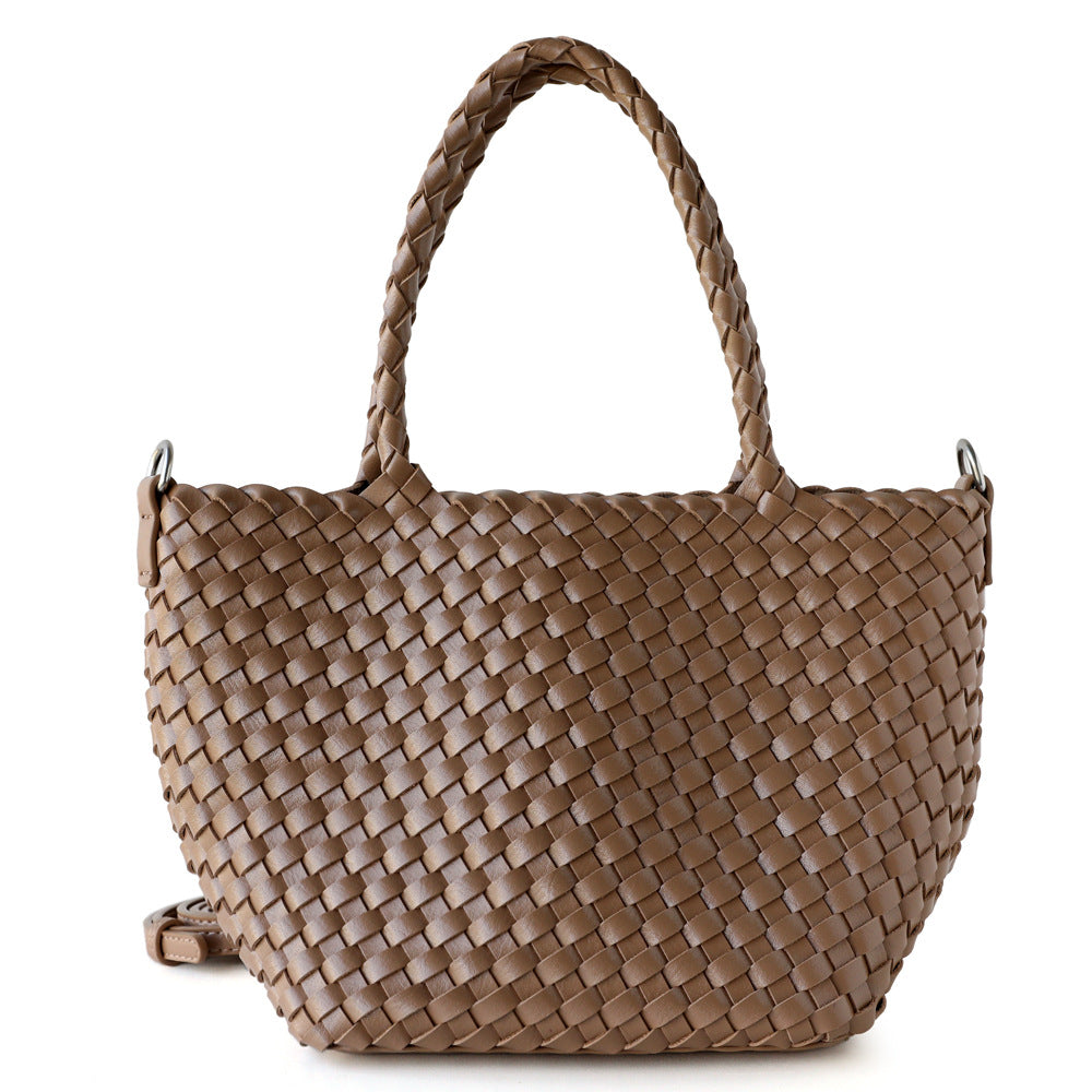 Classic Woven Basket Bag Set for Women Large Capacity Summer Shoulder Handbag with Detachable Sub-Bag, Casual Versatile Purse with Natural Texture
